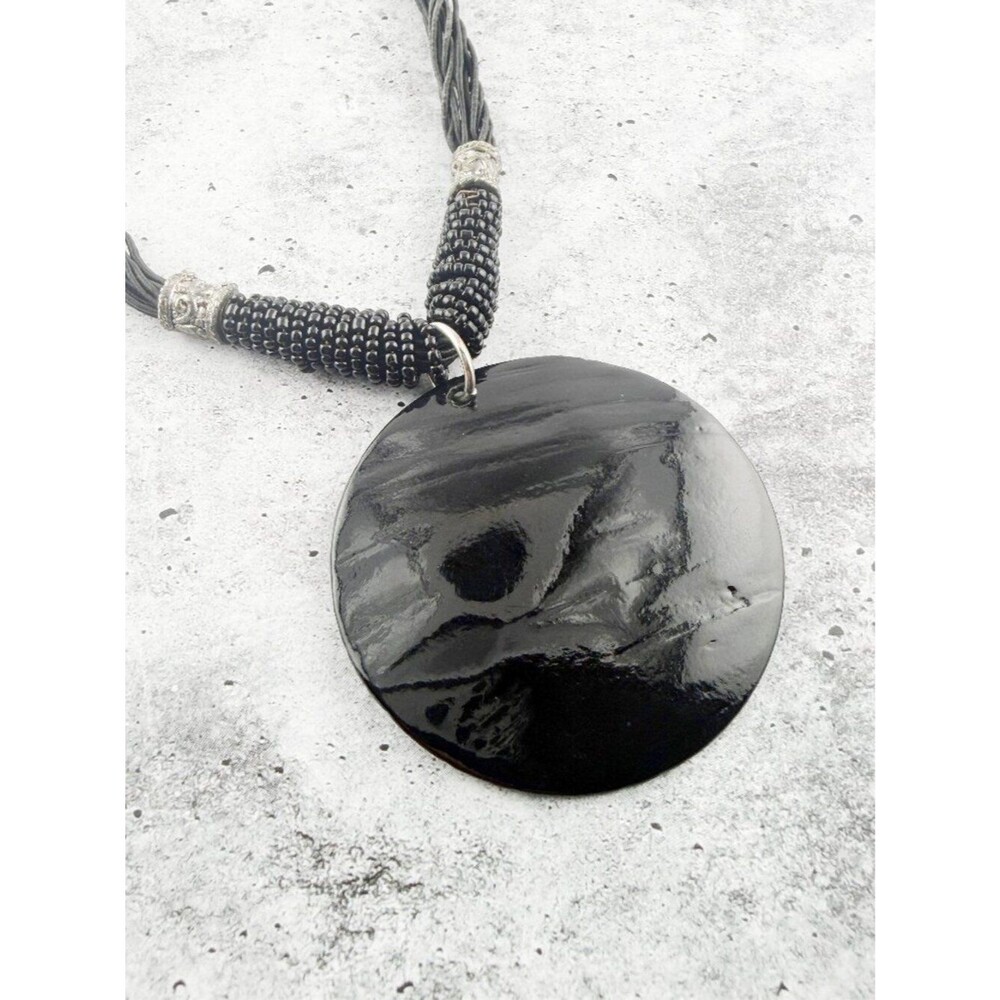 Boho Black Glass Statement Necklace | Large Round Pendant Silver Accents Artisan